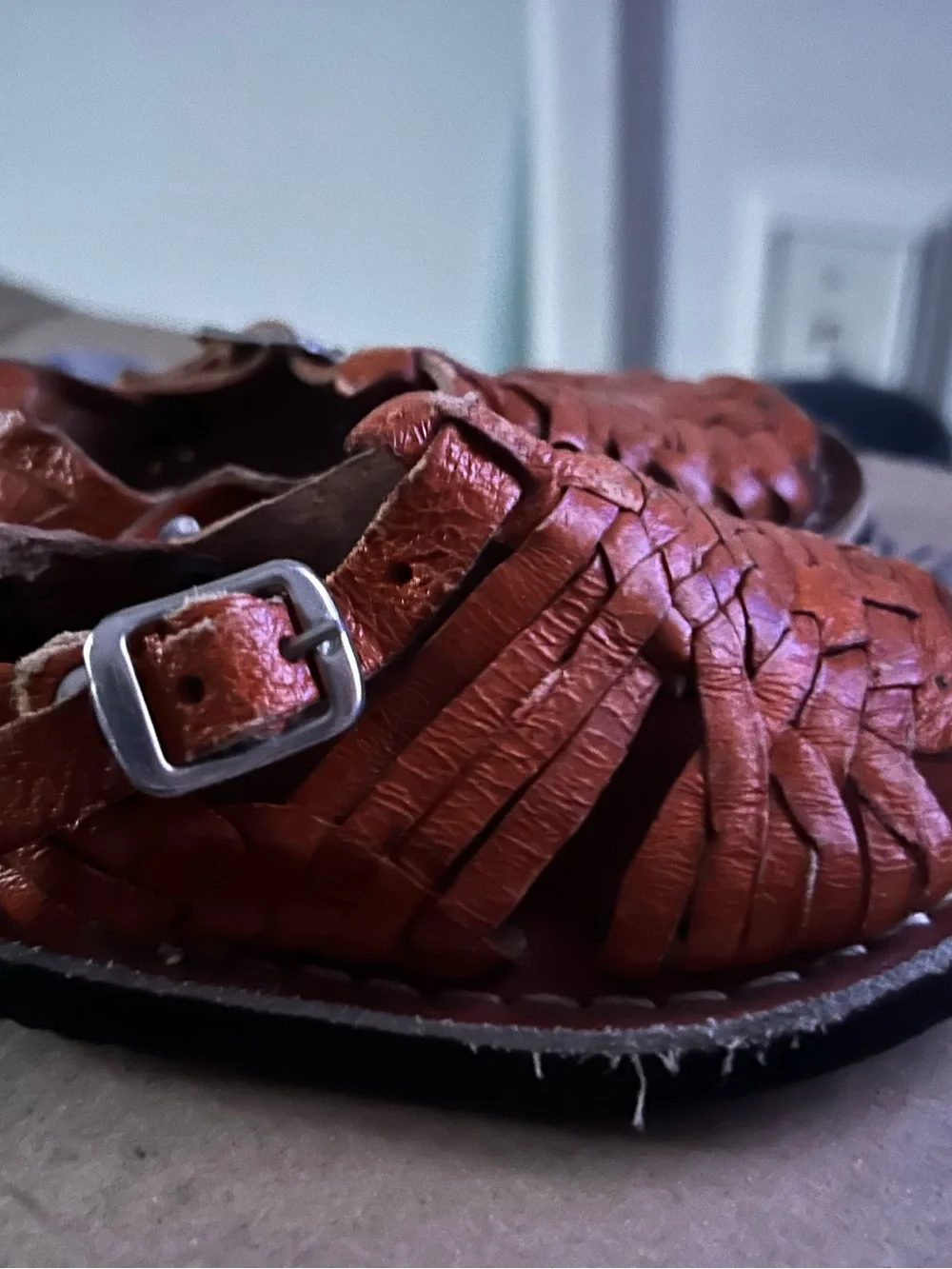 Braided Leather Huarache Sandals in Rust